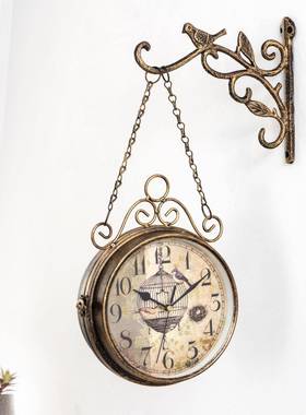复古创艺意双JWG装面挂钟简约艺铁时钟客厅饰双面挂钟铁钟表时尚