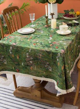 复浪漫餐田桌布艺茶古几长SWW方形提花桌布园风油画感绿色装饰盖