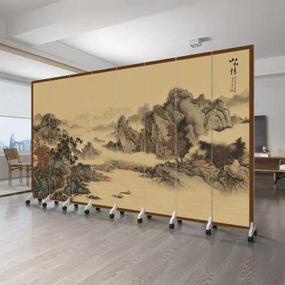 中式叠屏风隔断可客厅挡卧IMP遮室玄关移动折墙办公室山水画仿古