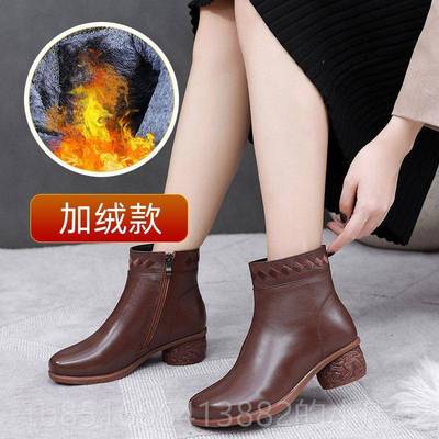 正品真皮平底妈短靴秋冬季棉粗跟女妈靴子民风复族古大鞋码女鞋41