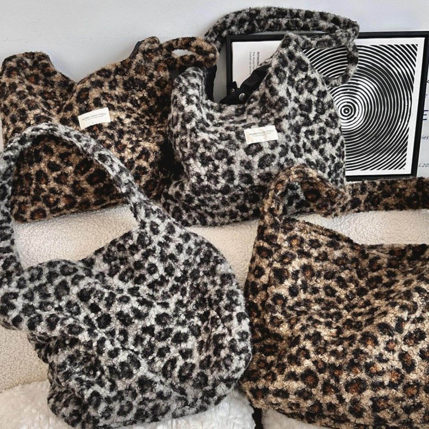 秋冬新款仿羊羔毛豹纹托特包