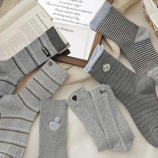 秋冬新款灰色条纹袜子女中筒袜韩版系学院风运动长袜诸暨袜业