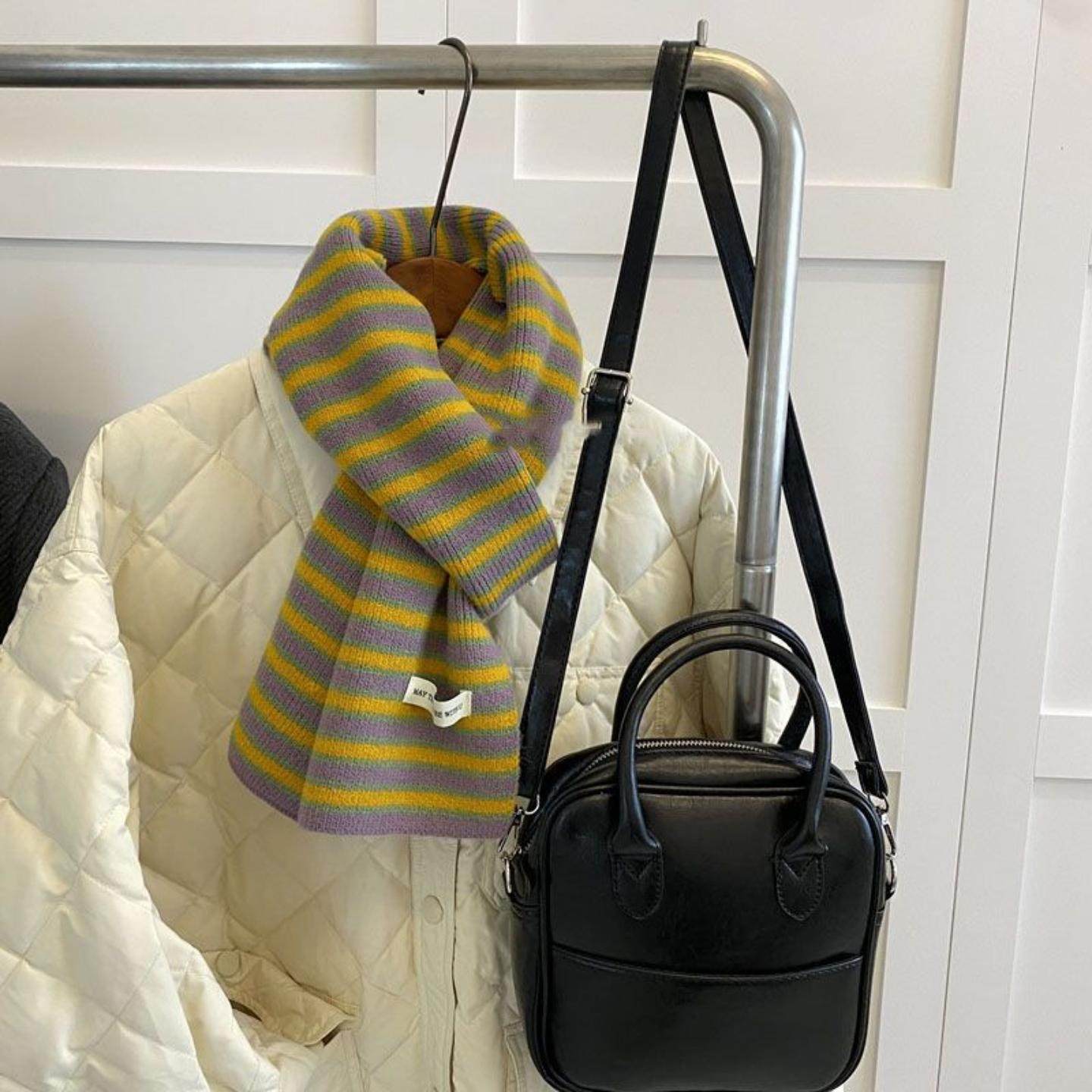 软儒毛线针织条纹围巾女时尚学生秋冬亮色氛围感撞色围脖新款男潮