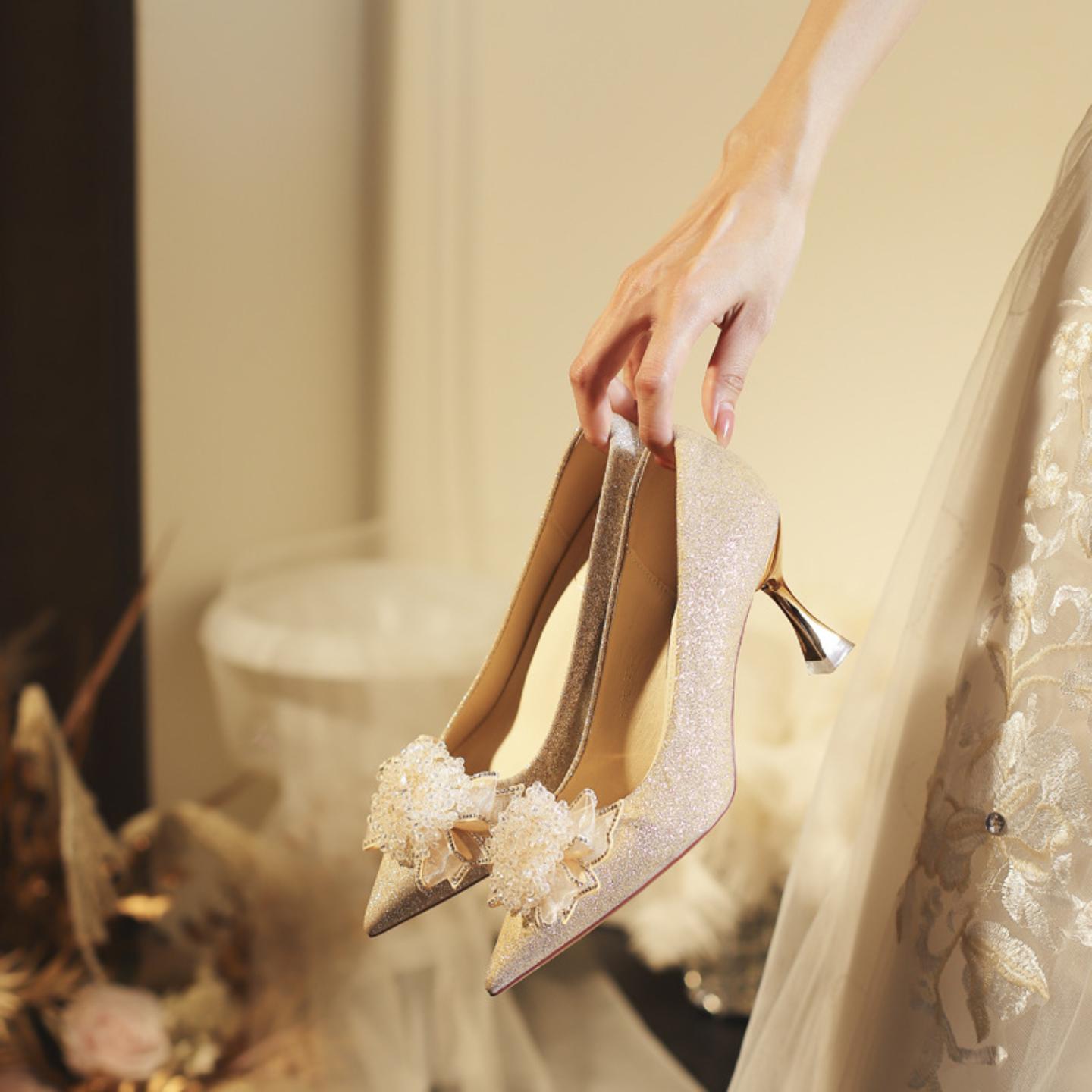 新娘婚鞋两穿水晶高跟女