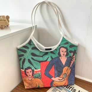 油画帆布包包女新款 简约手提包托特包 潮大容量单肩包休闲时尚