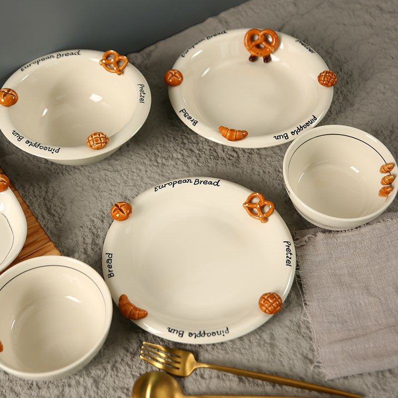 家用盘子汤碗陶瓷深盘可爱浮雕酸奶碗甜品盘分格盘高颜值碗碟套装,餐饮具,盘,淘宝优惠券,粉丝福利购,淘宝优惠卷