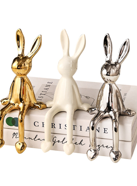 坐姿长耳朵兔子电镀摆件轻奢样板房间卧室书架隔断酒柜桌面装饰品