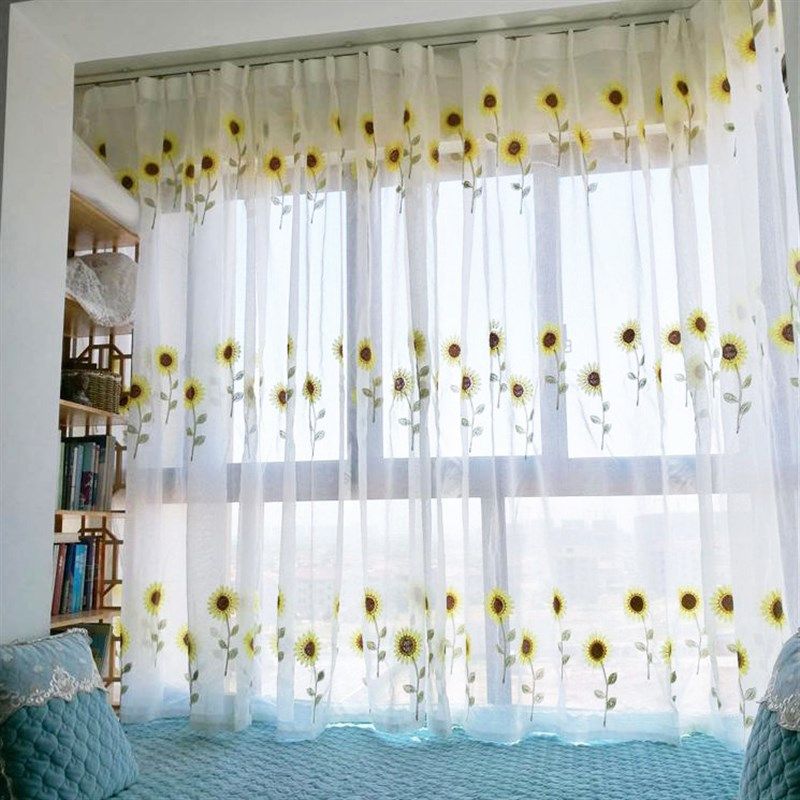 客厅卧室田园风格小清新纱帘落地窗窗纱向日葵窗帘布料绣花白纱帘