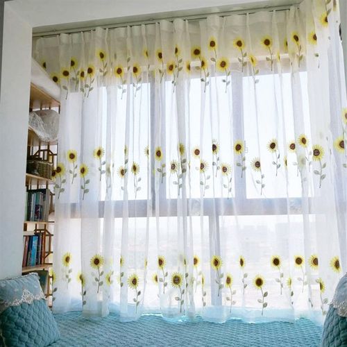 客厅卧室田园风格小清新纱帘落地窗窗纱向日葵窗帘布料绣花白纱帘