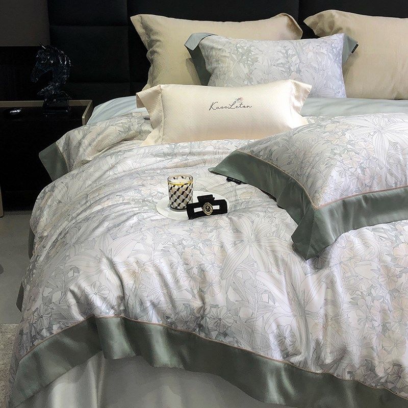 轻奢美式贡缎100S纯棉四件套印花被套床单裸睡高级感卧室床上用品