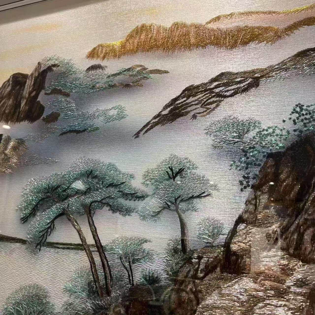 翠玲湖光织锦客厅刺绣装饰画挂画沙发中式山水苏绣背景墙横版壁画