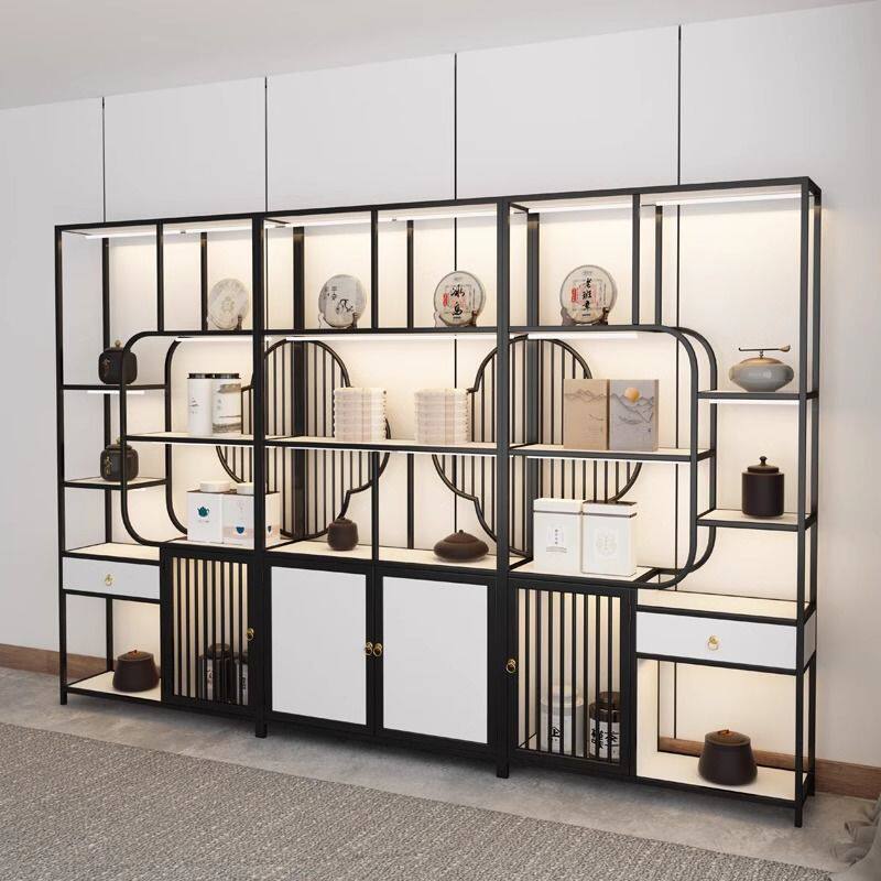 轻奢茶叶展示柜铁艺博古架中式家用简约多宝阁茶柜置物架书架带灯