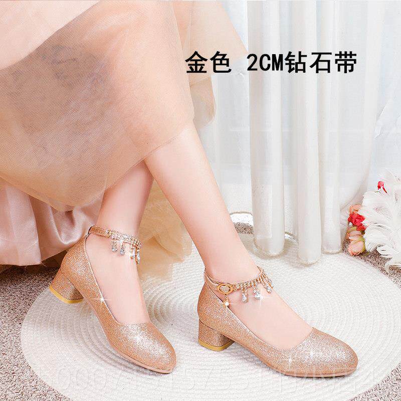 正品伴礼服鞋鞋子女大尺码银色学生公主高跟鞋演平出水晶钢琴底娘