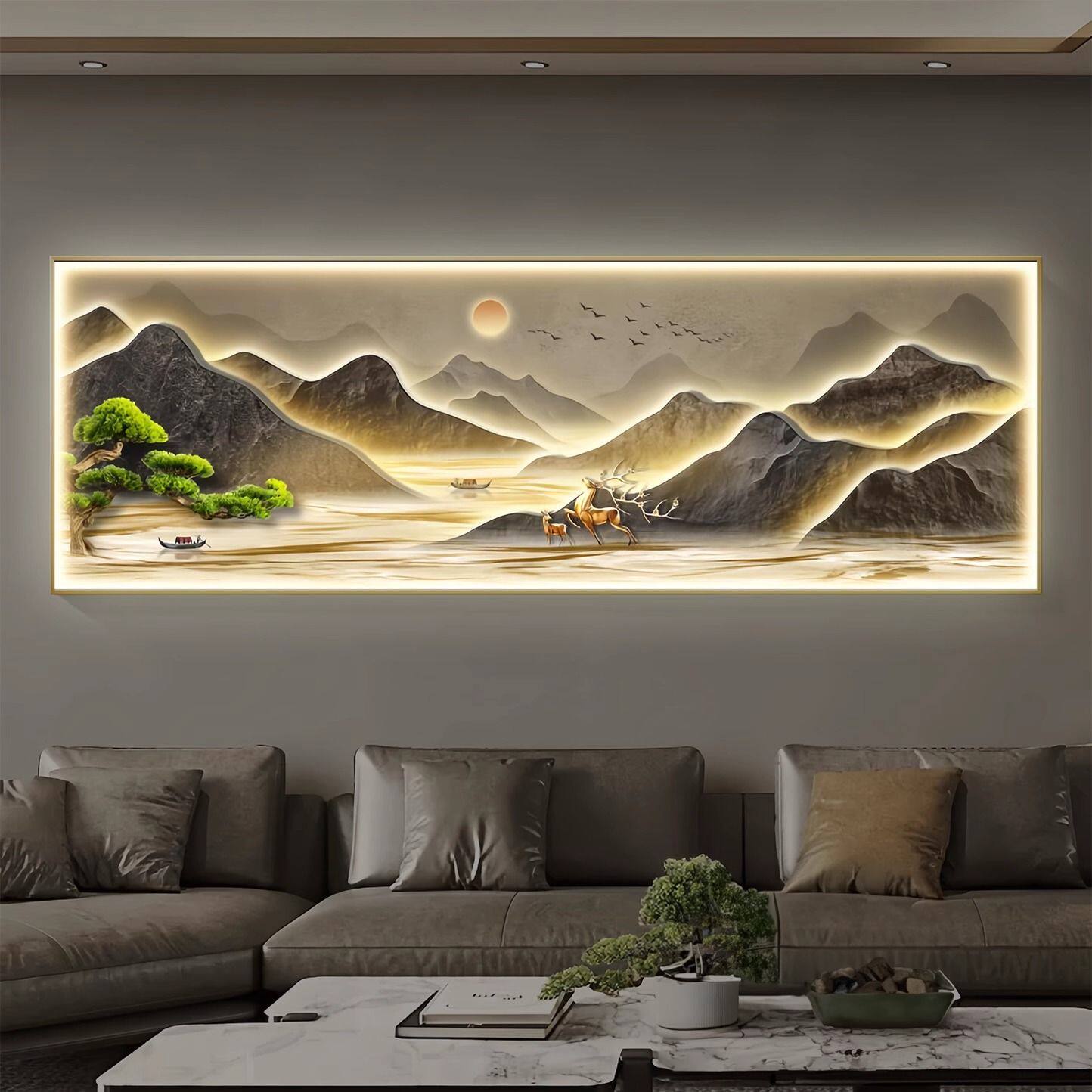 流水生财客厅装饰画高档镶钻发光沙发背景墙办公室背有靠山挂画