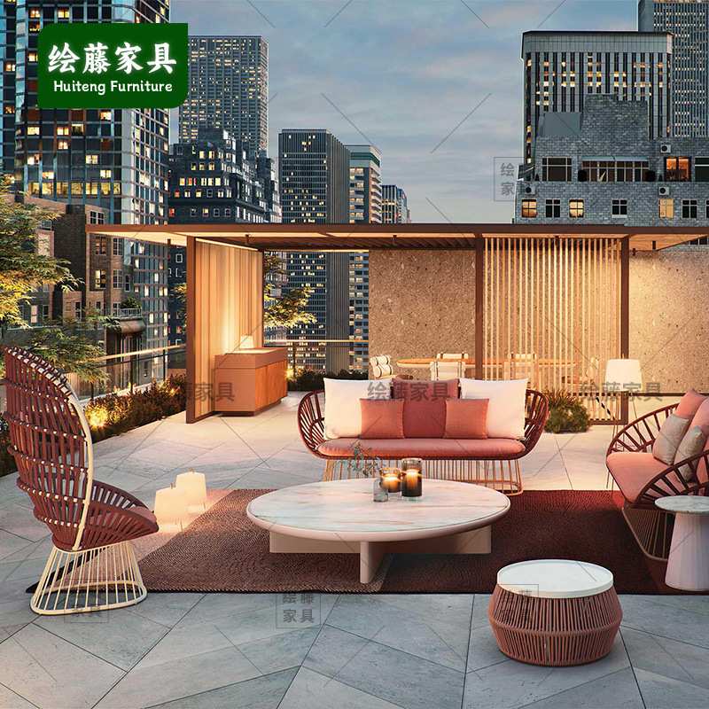 北欧户外庭院沙发别墅酒店高背椅露天花园室外藤编家具模块组合