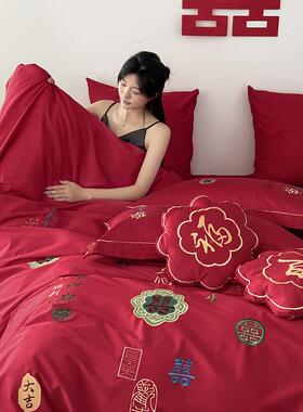 新中式婚四套全棉100件jj03S喜字绣大刺红色结嫁婚庆被套床上用品