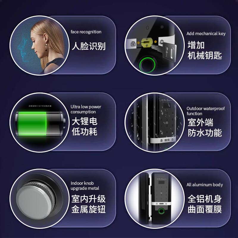 玻璃门狗脸智能锁玻璃门双门单门免打孔带人框门商铺指纹刷高加索