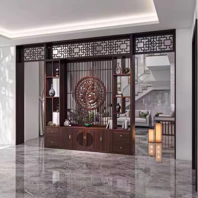 ?新中式实木屏风月洞断门隔客用玄关柜入户厅001博古架门厅家餐厅