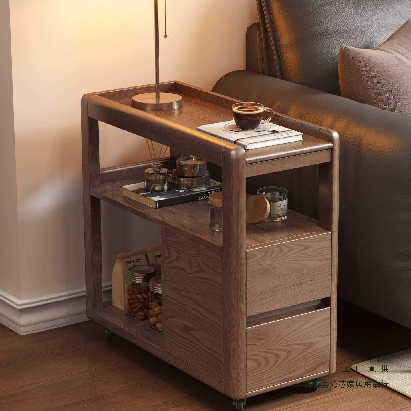 全实木移动沙发小茶几小户型客厅带轮小茶几阳台推车窄边角几桌