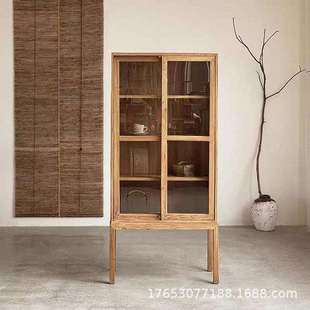实木玻璃柜侘寂风书柜博古架家用储物柜收纳柜老榆木复古展示柜