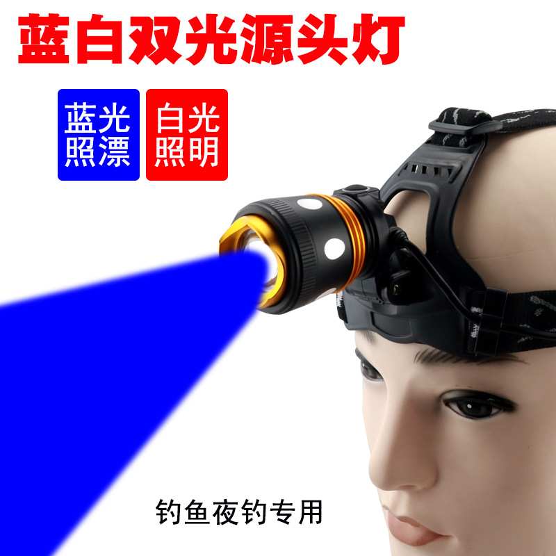 LED蓝白双光源强光头灯 旋转变焦T6充电远射夜钓蓝光头灯厂家