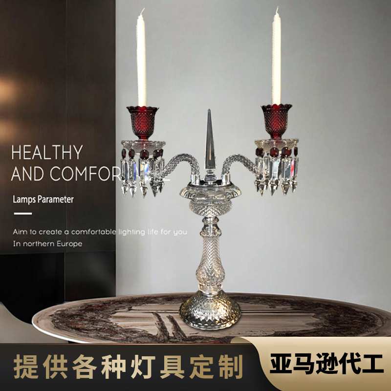 法式餐桌文艺西餐简约烛台家用装饰复古水晶玻璃蜡烛台 红色台
