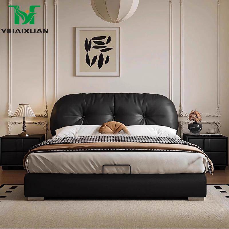 法式复古黑色吐司真皮床软包主卧双人床小户型齐边极简高箱储物床