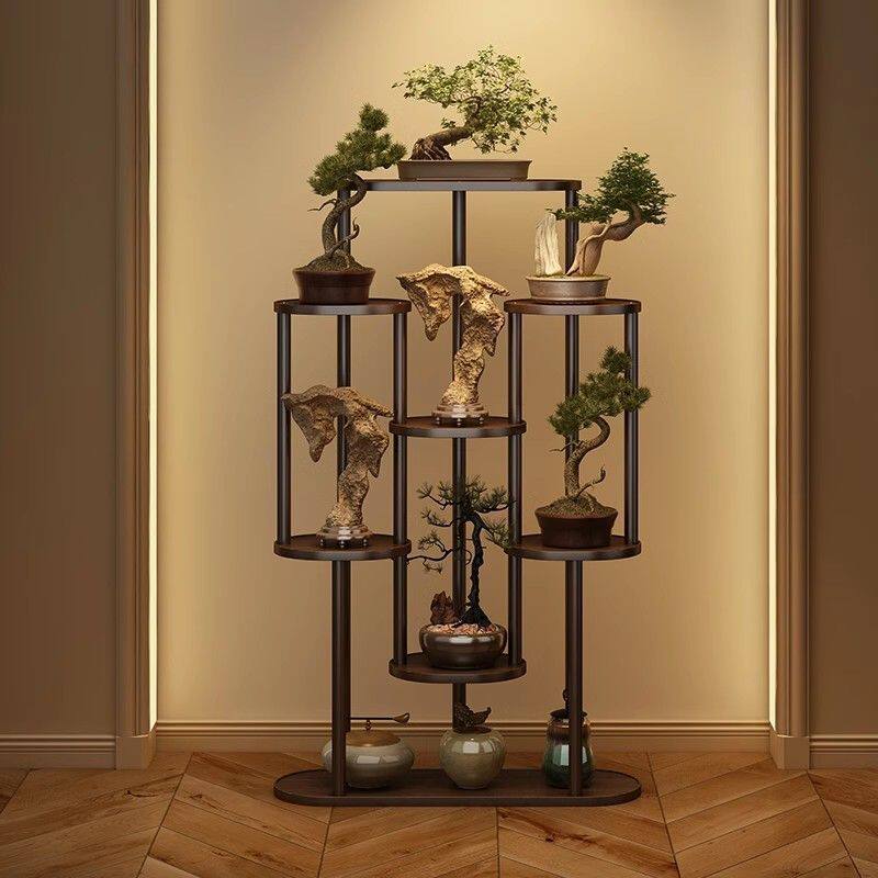 茶室置物架鸡翅木色博古架新中式花盆茶叶摆放架小型茶架子展示架