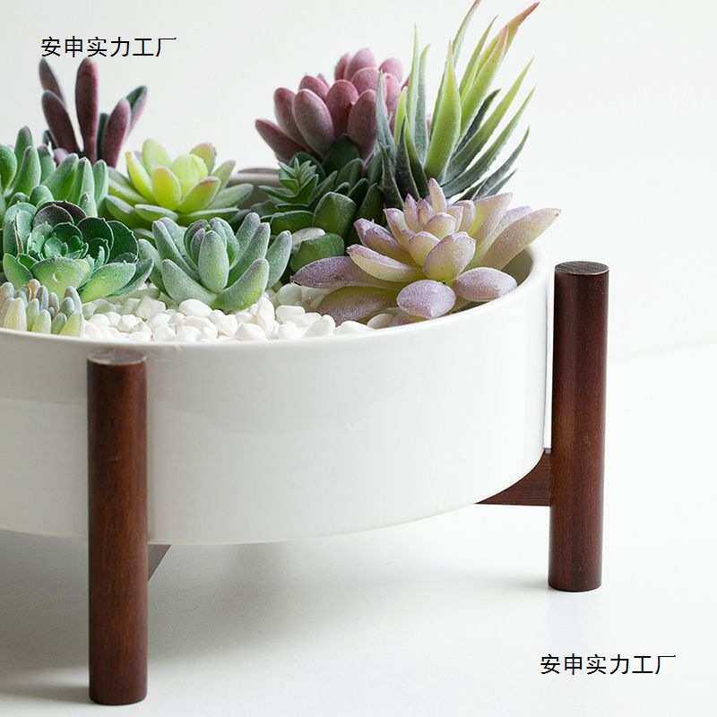 INS风多肉花盆陶瓷大口径盆景圆形木架有孔简约白色多肉拼盘盆栽