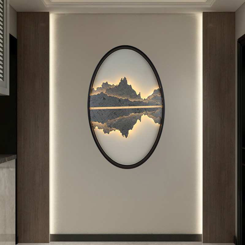 玄关入户岩板壁画灯立体山水画个性定制椭圆沙发背景过道挂画灯