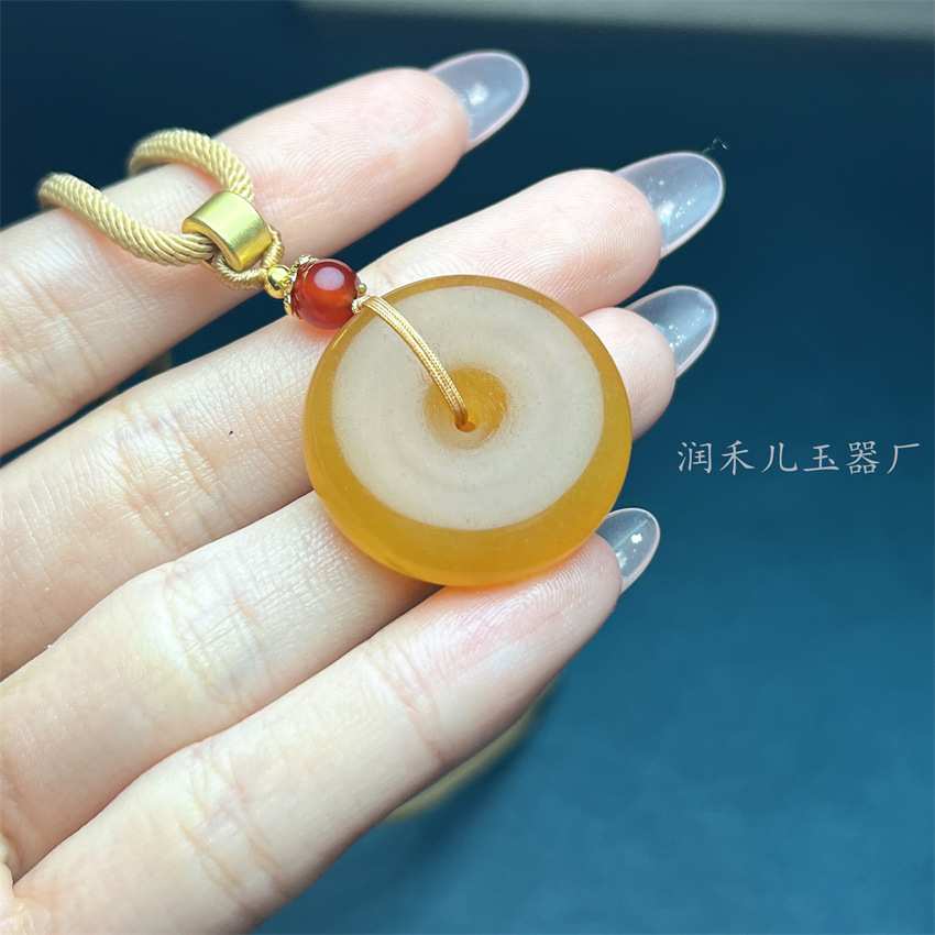 件代发天然云南黄龙玉平安扣玉吊坠冰透鸡油黄环环相扣黄龙玉挂件