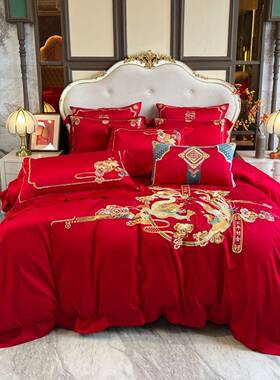 婚房六件套端绒棉龙长凤红色H1161四件纯棉大红高陪嫁结婚床套上