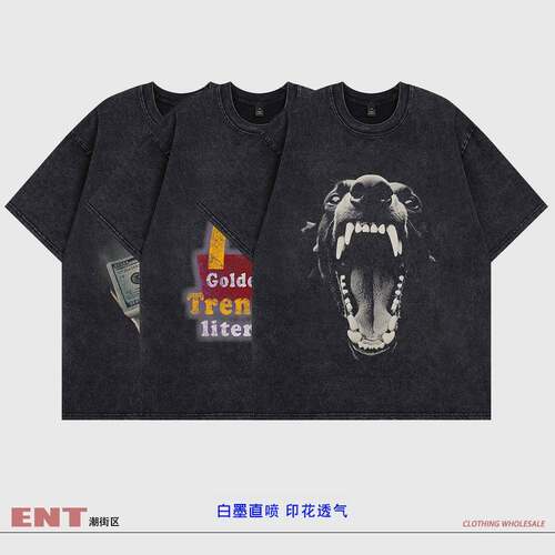 夏季新古款卡通itage街头印ENT花半袖潮流复水洗做旧休n闲短v袖T