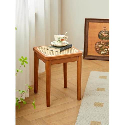 实椅藤编凳子可叠放木家餐用中古凳复古休闲WDM461其方凳餐厅备用