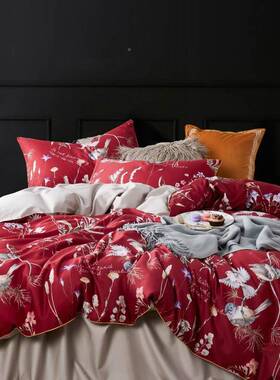 奢美式6YRJ01470支贡缎数码印华棉绒花长棉四件套全棉被套纯裸睡