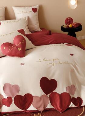 浪漫婚庆四100股澳棉绣件双套红色爱心KT6443in贴布棉结婚被套床