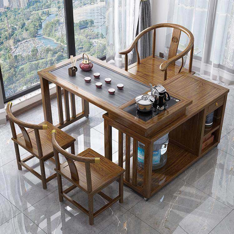 实木旋转茶桌阳台家用移动茶台喝茶桌椅组合小型茶几具烧水壶套装