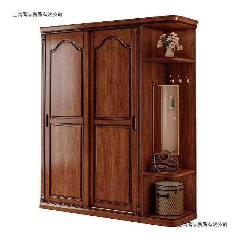 美式实木衣柜推拉门法式复古衣柜卧室家用大容量趟门大衣橱带边柜