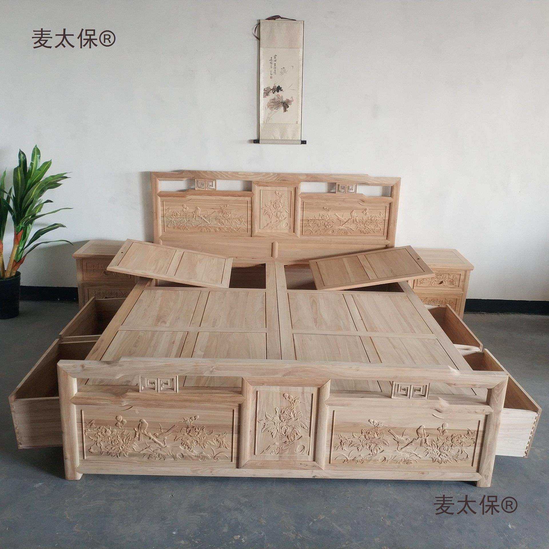 麦太保散装白胚实木床床实木原木仿古简约家具新中式白茬白坯单人