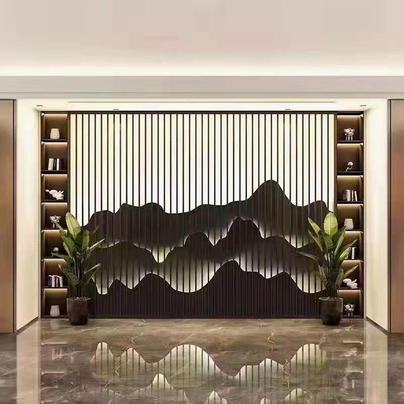 不锈钢屏风隔断钛金镂空雕花酒店花格现代金属中式客厅玄关双假山