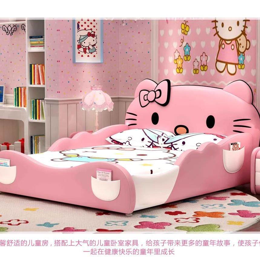儿童床女孩公主床少女粉色卡通带护栏kitty猫1.5米实木单人