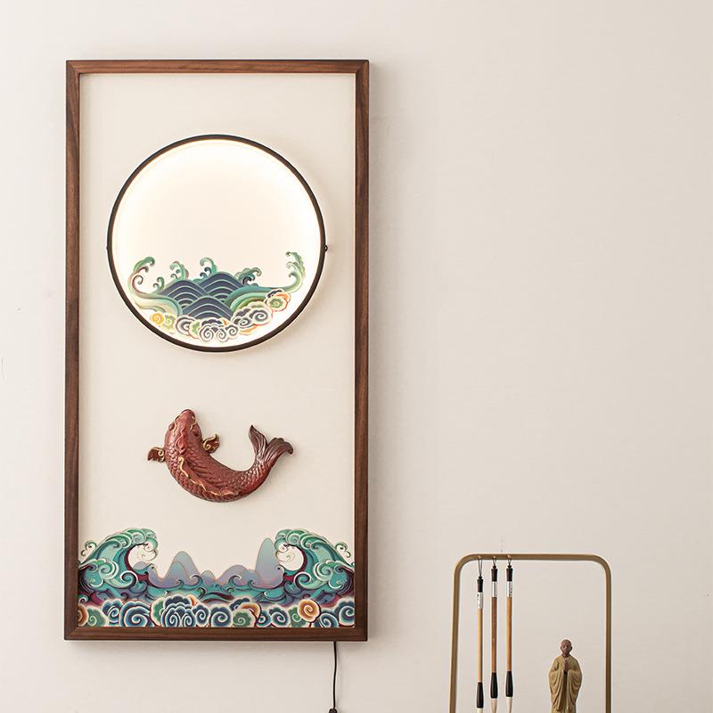立体客厅方形壁挂胡桃木陶瓷挂画中式宣贯实木禅意装饰画