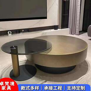 意式极简茶几圆形大小组合轻奢不锈钢化玻璃小户型带抽屉轻奢风