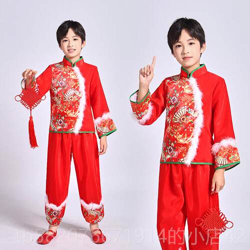 高档元国旦童喜庆演儿出服中红民族舞蹈服新款幼儿开门红男女童歌