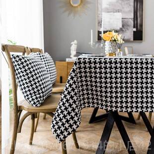 正品黑白千鸟厚格布北欧盖风格子桌棉麻布艺餐桌布茶几加布简约台