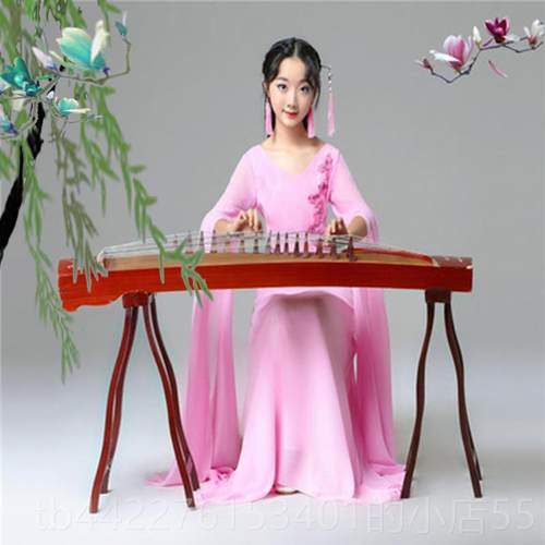 高档女童儿、中老年童古筝表演典服装，夏季色中式古新拖红尾淡雅