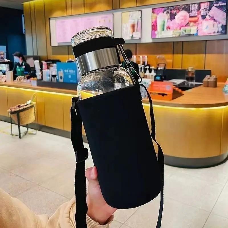 1L便携大容量水杯送杯套玻璃杯带提绳茶水分离杯户外简约家用