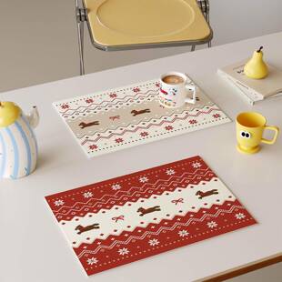 红色费尔岛圣诞新年西餐垫皮革防水防油防烫免洗高级感隔热垫杯垫
