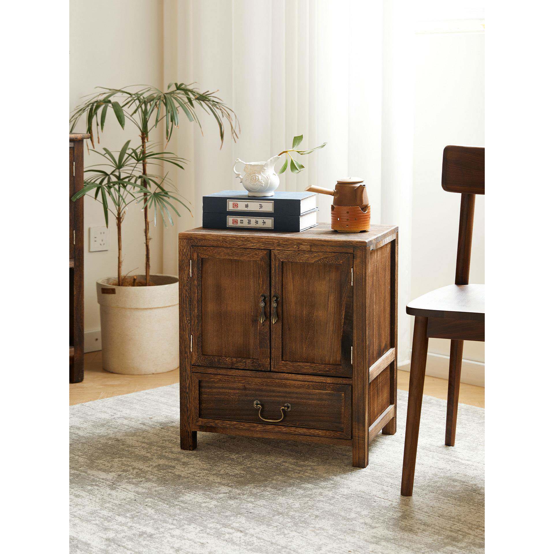 实木边几角几储物柜复古做旧双门收纳柜客厅家用小柜子茶室茶水柜