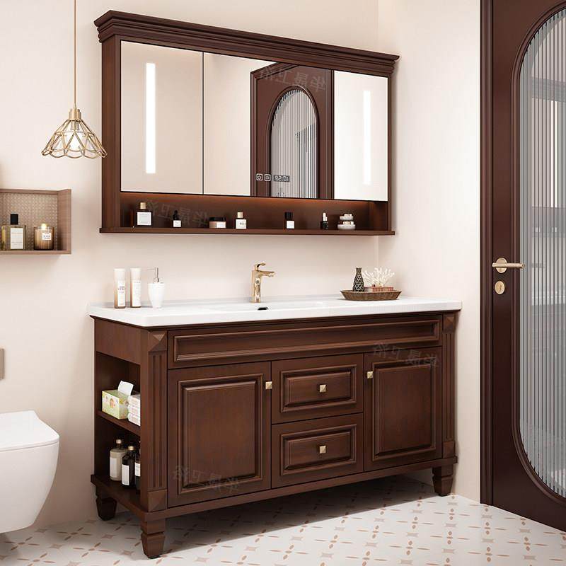 美式橡木浴室柜组合陶瓷一体盆智能镜卫浴柜落地洗漱台洗脸盆定制